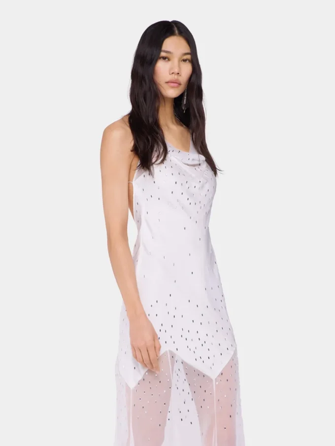 Weißes, ärmelloses, langes Kleid aus Musselin und Satin