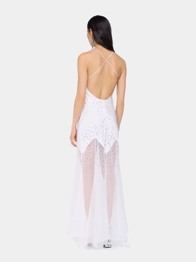Weißes, ärmelloses, langes Kleid aus Musselin und Satin